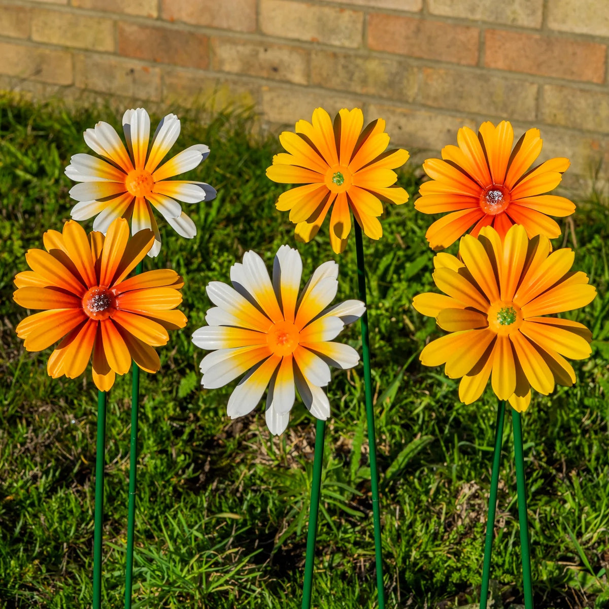 Woodside 12 Pack Yellow & Orange Ornamental Metal Daisy Stakes – 60cm Decorative Garden Border & Pathway Flowers