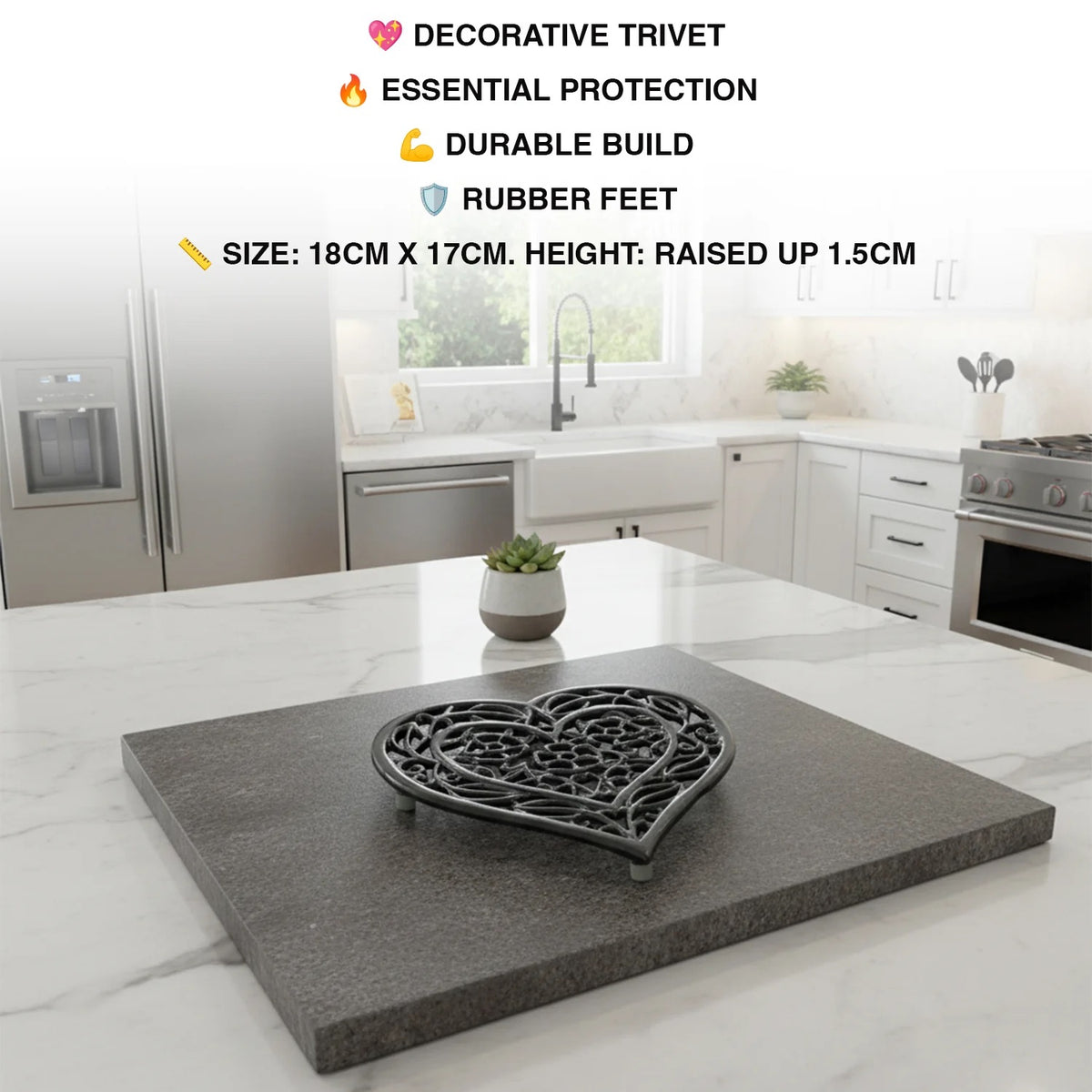 Woodside 2 Pack Heart Shaped Cast Iron Trivets – Vintage Rustic Kitchen & Dining Table Heat Protectors