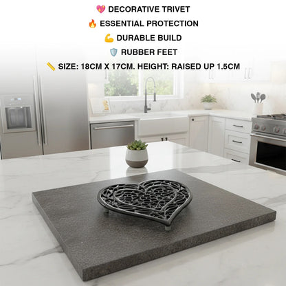Woodside 2 Pack Heart Shaped Cast Iron Trivets – Vintage Rustic Kitchen & Dining Table Heat Protectors