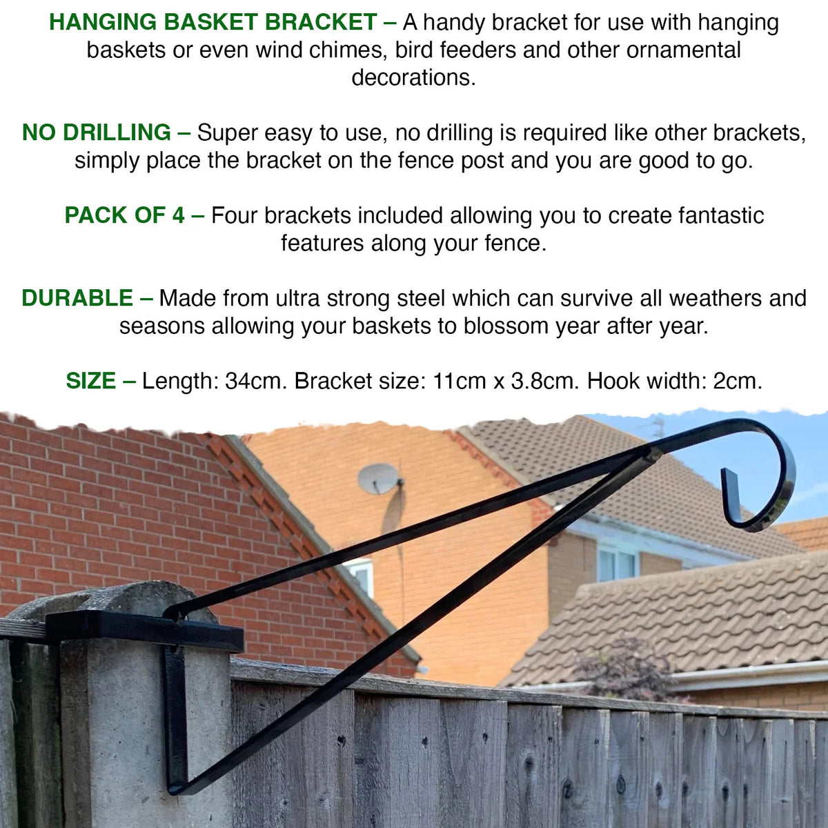Woodside 8 Pack Black Steel Hanging Basket Brackets for Concrete Fence Posts – No Drilling Basket, Feeder & Wind Chime Hangers