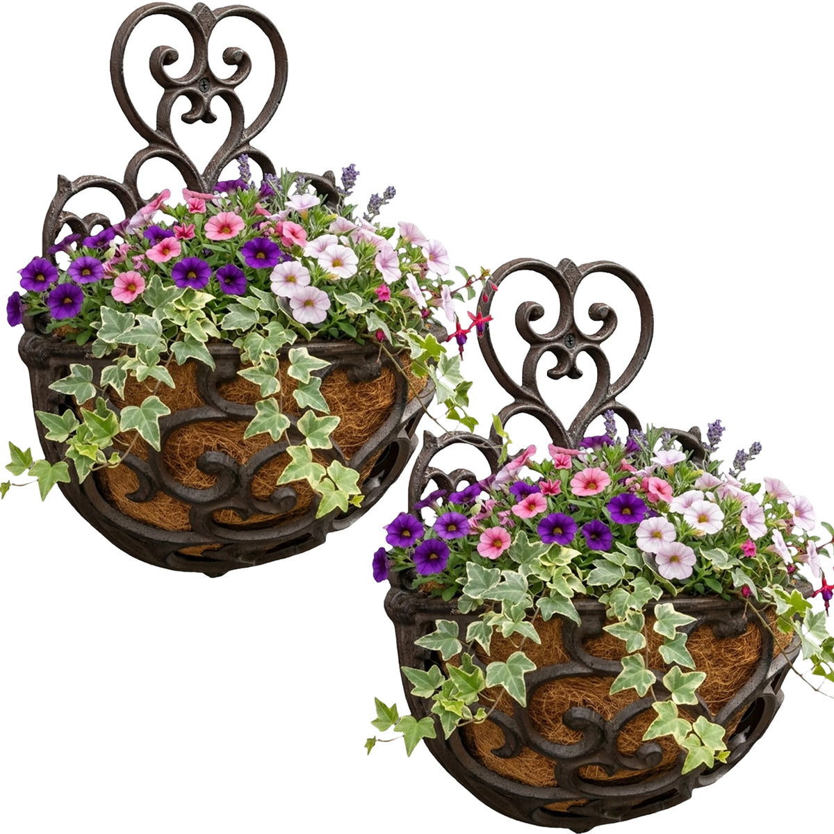 Woodside 2 Pack Cast Iron Wall Mounted Hanging Planter Baskets with Coco Liners – Rustic Outdoor Flower Planters