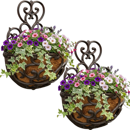 Woodside 2 Pack Cast Iron Wall Mounted Hanging Planter Baskets with Coco Liners – Rustic Outdoor Flower Planters