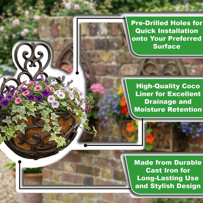 Woodside 2 Pack Cast Iron Wall Mounted Hanging Planter Baskets with Coco Liners – Rustic Outdoor Flower Planters