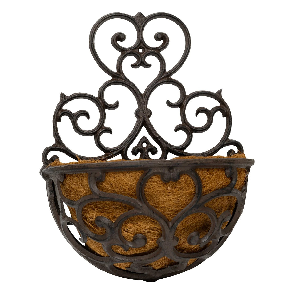 Woodside 2 Pack Cast Iron Wall Mounted Hanging Planter Baskets with Coco Liners – Rustic Outdoor Flower Planters