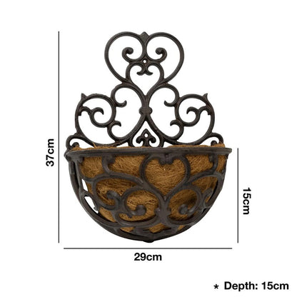 Woodside 2 Pack Cast Iron Wall Mounted Hanging Planter Baskets with Coco Liners – Rustic Outdoor Flower Planters