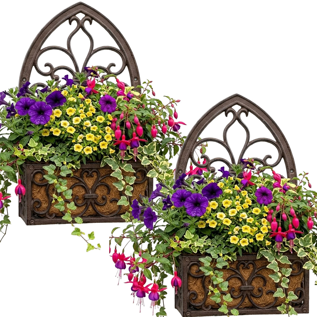 Woodside 2 Pack Cast Iron Wall Mounted Hanging Planter Baskets with Coco Liners – Vintage Outdoor Flower Planters
