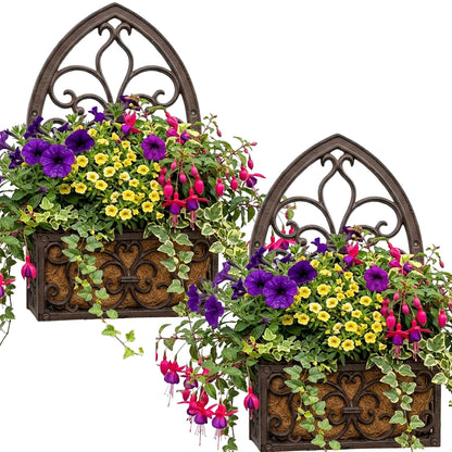 Woodside 2 Pack Cast Iron Wall Mounted Hanging Planter Baskets with Coco Liners – Vintage Outdoor Flower Planters
