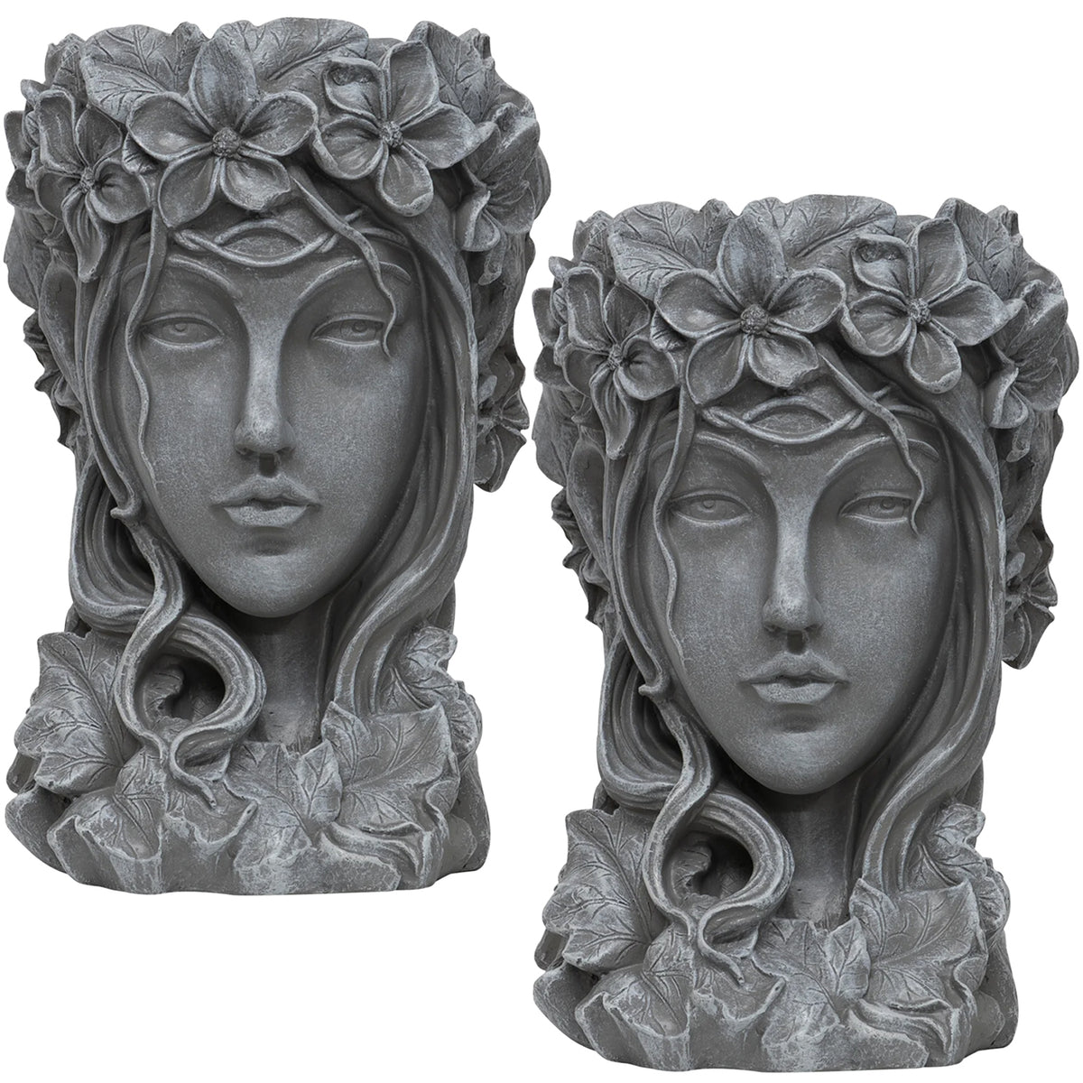 Woodside 2 Pack Goddess Head Planters – Stone Effect Decorative Face Plant Pots for Home, Patio & Garden