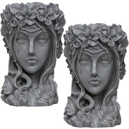 Woodside 2 Pack Goddess Head Planters – Stone Effect Decorative Face Plant Pots for Home, Patio & Garden