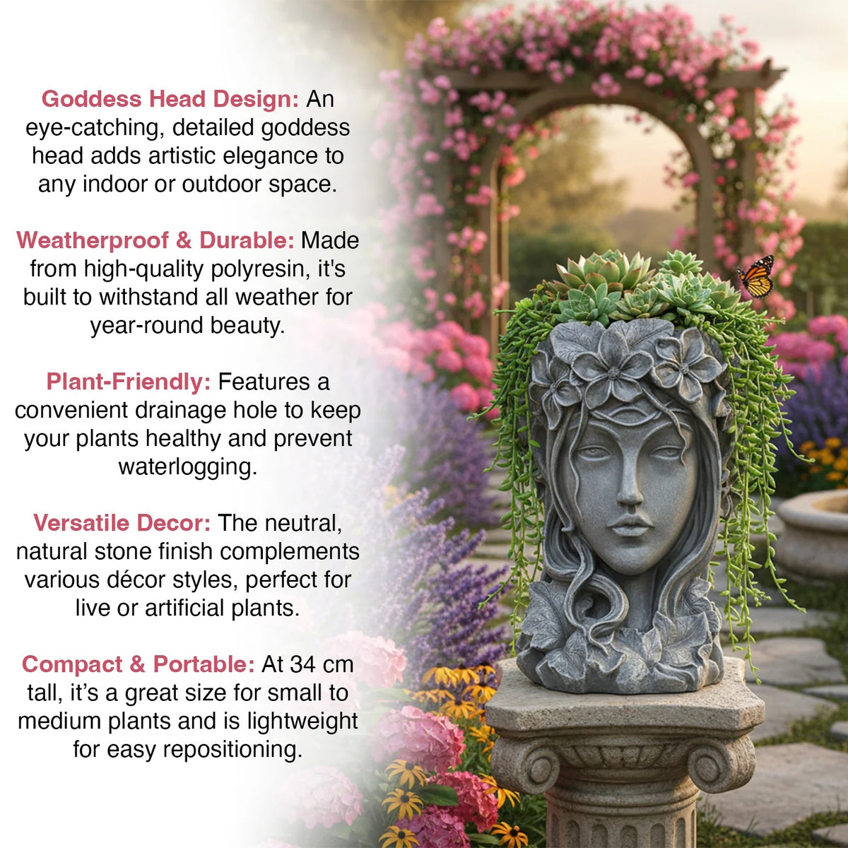 Woodside 2 Pack Goddess Head Planters – Stone Effect Decorative Face Plant Pots for Home, Patio & Garden