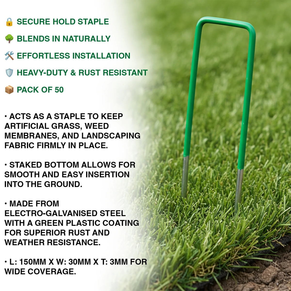 Woodside 200 Pack Half Green Heavy Duty U-Pins – Galvanised Steel Fixings for Artificial Grass, Turf & Weed Membrane