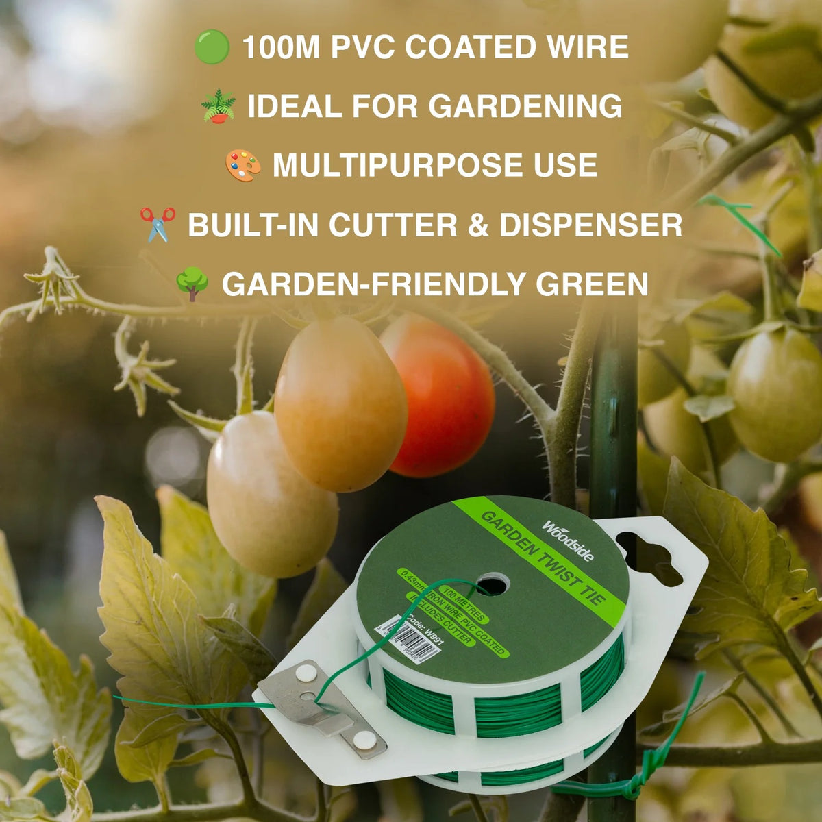 Woodside 200m PVC Coated Garden Twist Tie with Cutter – Green Wire for Plant Support, Gardening & Crafts