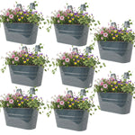 Woodside Metal Hanging Basket Flower Pots 8 Pack – Green Powder-Coated Steel Balcony Rail Planters with Removable Drainage Plugs