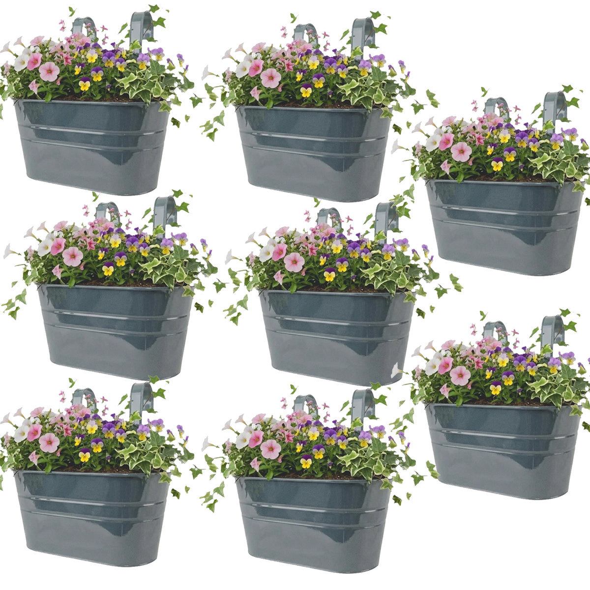 Woodside Metal Hanging Basket Flower Pots 8 Pack – Green Powder-Coated Steel Balcony Rail Planters with Removable Drainage Plugs