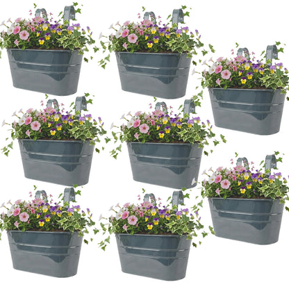 Woodside Metal Hanging Basket Flower Pots 8 Pack – Green Powder-Coated Steel Balcony Rail Planters with Removable Drainage Plugs