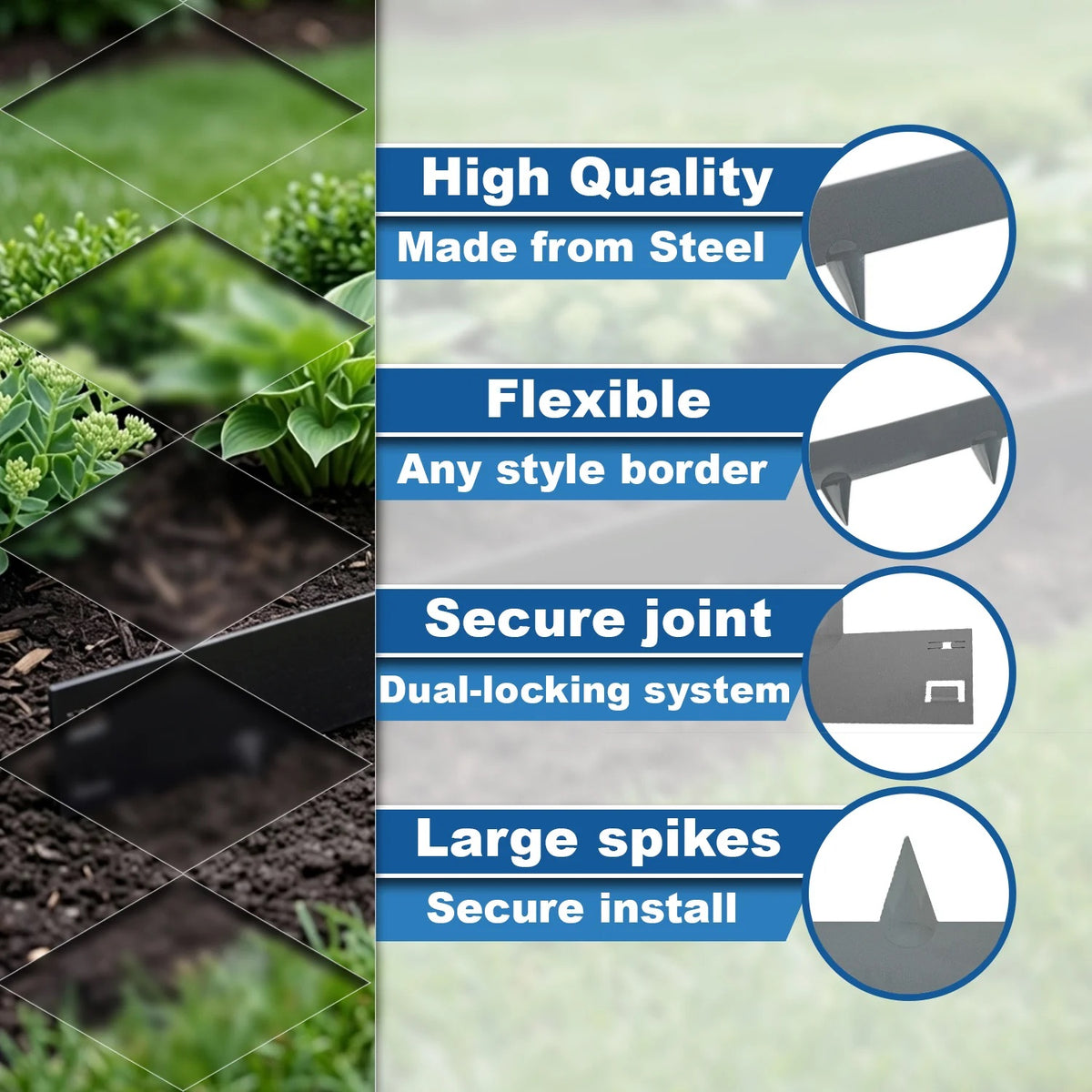 Woodside 10m Grey Lawn Border Edging Set – 10 x 1m Flexible Powder-Coated Steel Panels with Spikes for Garden Borders