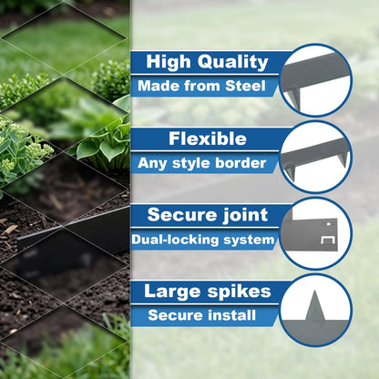 Woodside 10m Grey Lawn Border Edging Set – 10 x 1m Flexible Powder-Coated Steel Panels with Spikes for Garden Borders