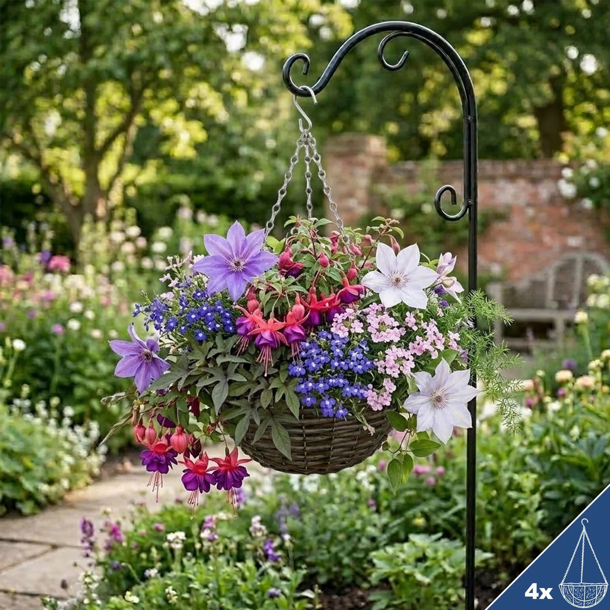 Woodside 8 Pack Wicker Hanging Baskets with Plastic Liners – 30cm Garden Flower Planters with Metal Chains and Hooks