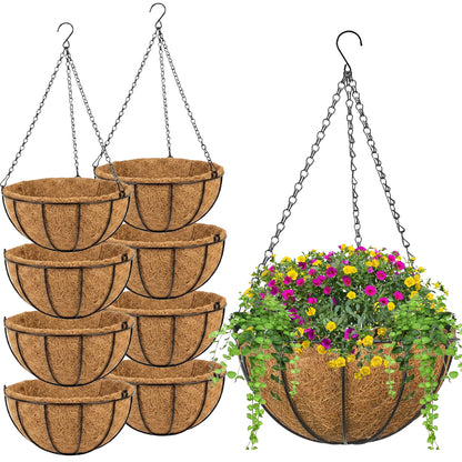 Woodside 8 Pack Hanging Baskets with Coco Liners 30cm – Durable Powder-Coated Steel Flower Planters with Chains and Hooks