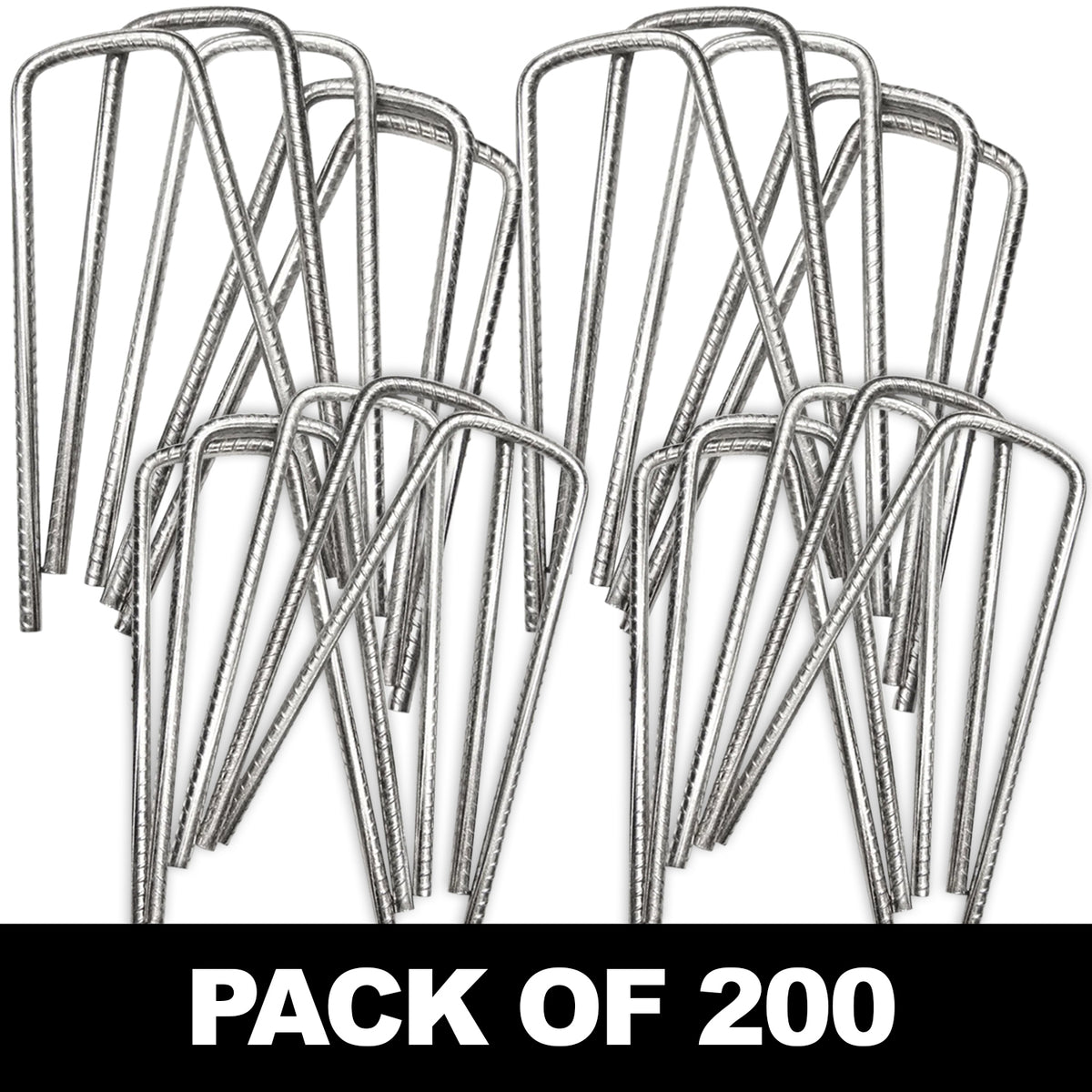 Woodside 200 Pack 6mm Heavy Duty Galvanised Rebar U-Pins – Strong Garden Fixing Pegs for Artificial Grass, Turf and Weed Membrane