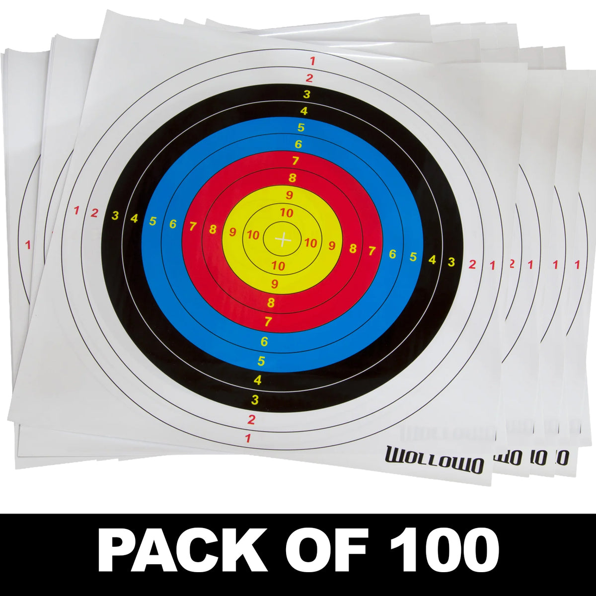 Wollowo 100 Pack Archery Target Faces 42x42cm – Colourful Numbered Scoring Sheets for Bow and Crossbow Practice