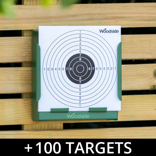 Woodside 14cm Shooting Target Holder + 100 Targets Air Rifle/Airsoft Pellet Trap