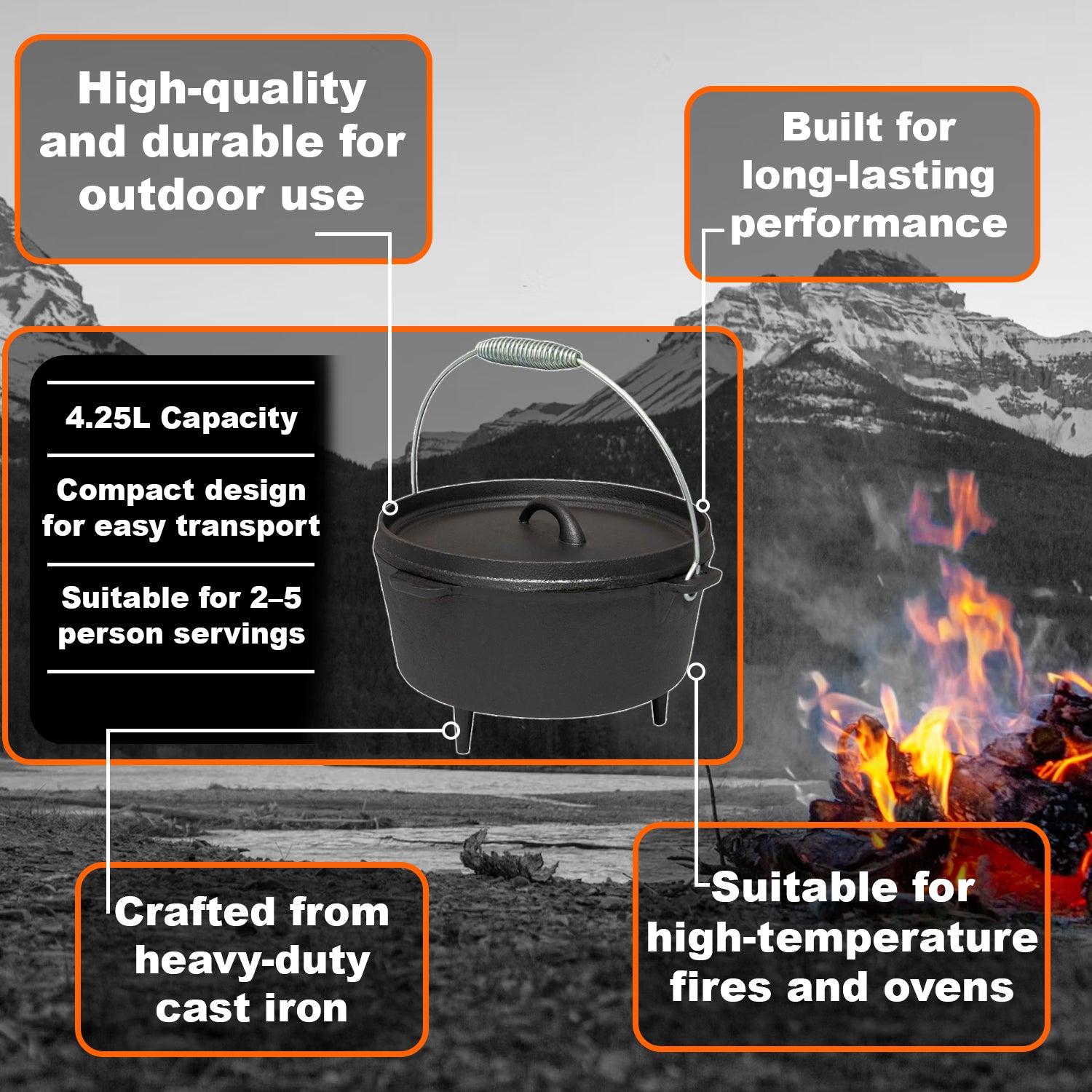 Andes Camping Cast Iron Dutch Oven & Tripod