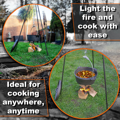 Andes Dutch Oven Steel Tripod with Hanging Chain & Hook, Camping/Travel Cookware