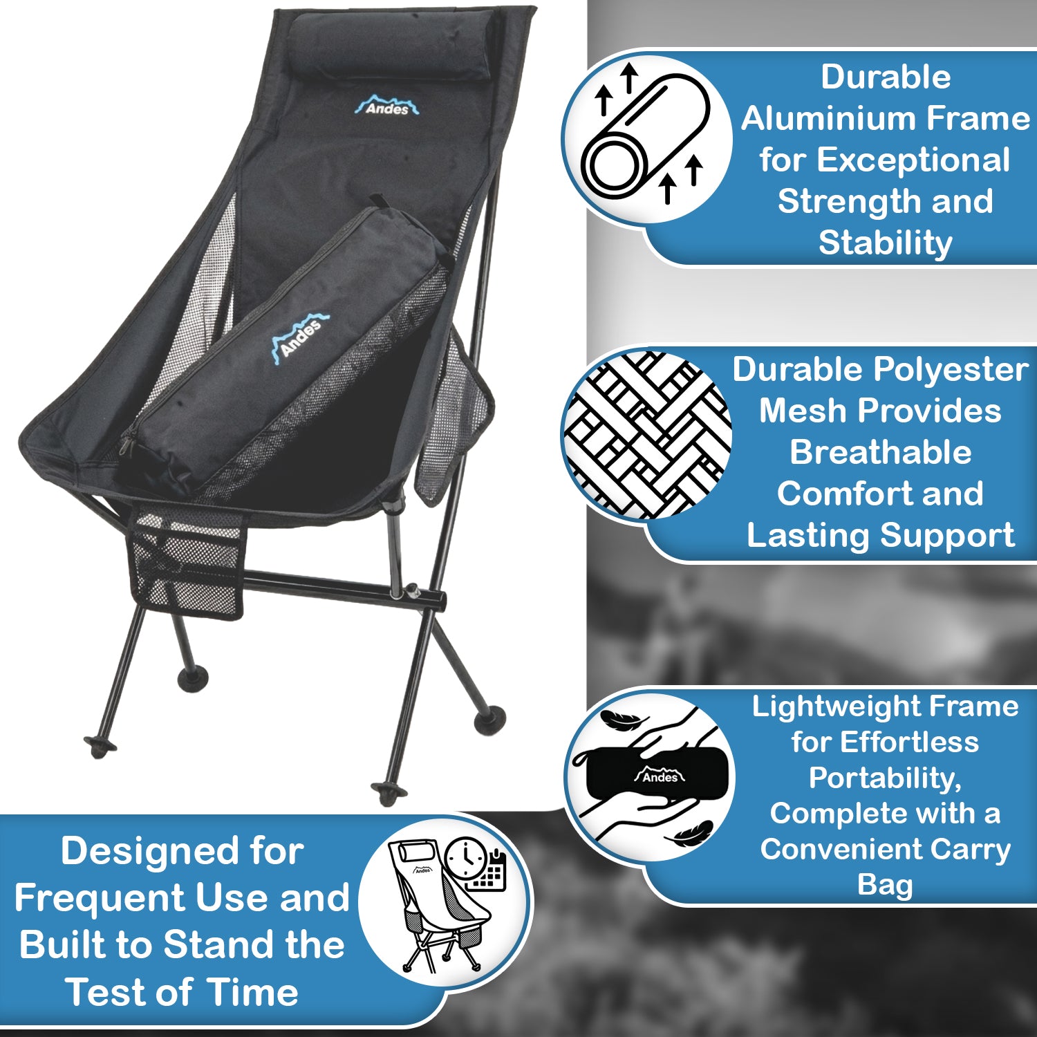 Andes Ultra Lightweight Folding High Back Camping Chair | Portable Aluminium Camping Chair with Carry Bag, Storage Pockets & Drinks Holder | Outdoor Chair for Camping, Fishing, Festivals & Hiking