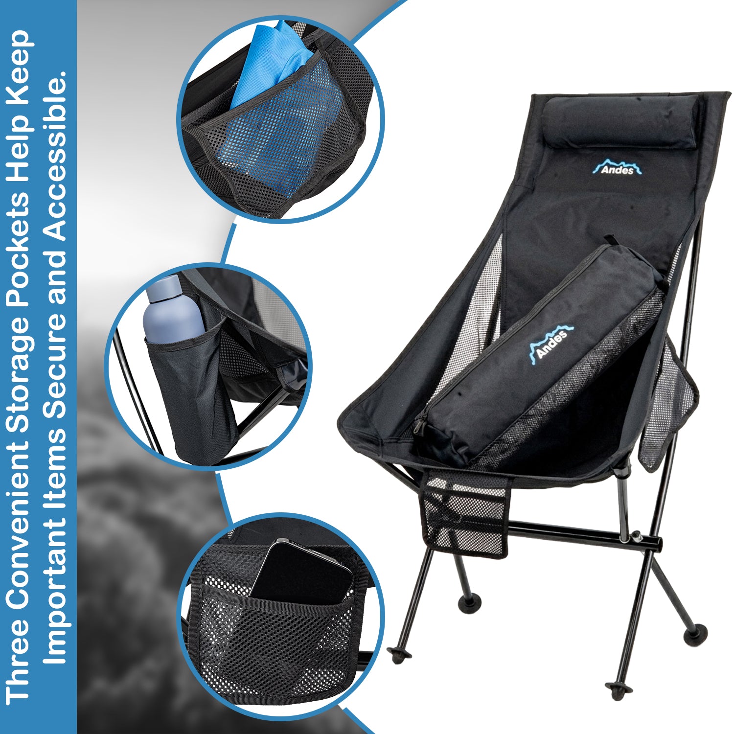 Andes Ultra Lightweight Folding High Back Camping Chair | Portable Aluminium Camping Chair with Carry Bag, Storage Pockets & Drinks Holder | Outdoor Chair for Camping, Fishing, Festivals & Hiking