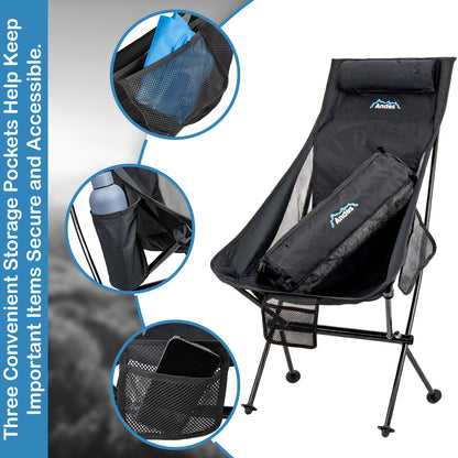 Andes Ultra Lightweight Folding High Back Camping Chair | Portable Aluminium Camping Chair with Carry Bag, Storage Pockets & Drinks Holder | Outdoor Chair for Camping, Fishing, Festivals & Hiking