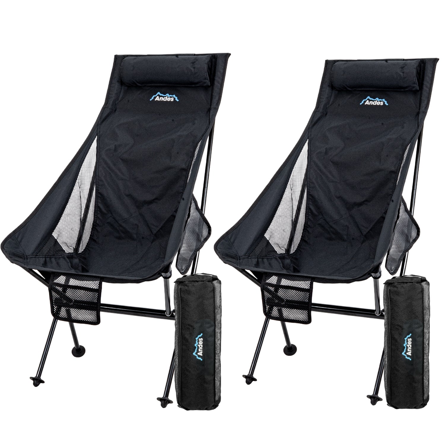 Andes Ultra Lightweight Folding High Back Camping Chairs 2 Pack | Outdoor Chairs with Drinks Holders & Carry Bags