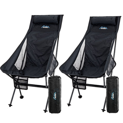 Andes Ultra Lightweight Folding High Back Camping Chairs 2 Pack | Outdoor Chairs with Drinks Holders & Carry Bags