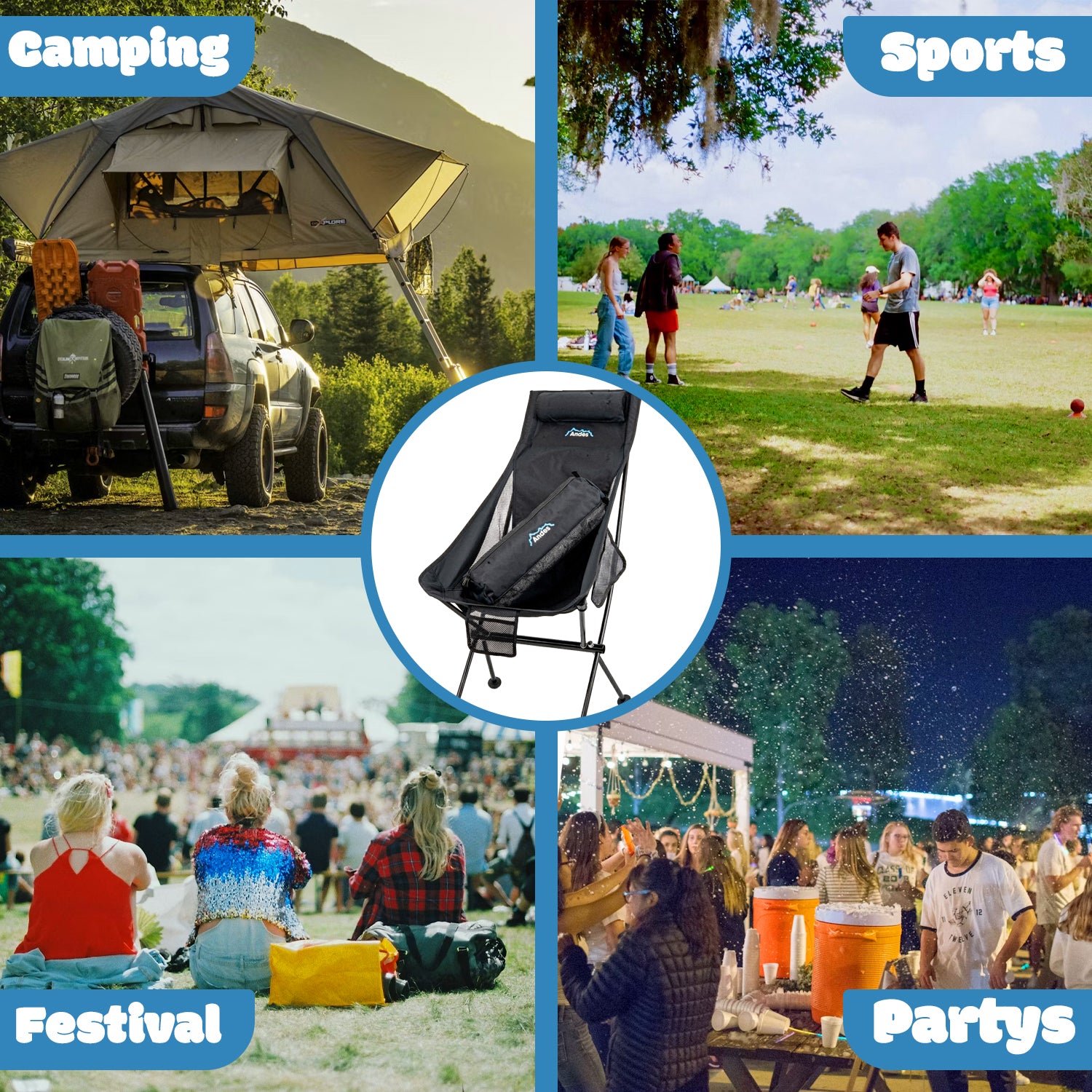 Andes Ultra Lightweight Folding High Back Camping Chair | Portable Aluminium Camping Chair with Carry Bag, Storage Pockets & Drinks Holder | Outdoor Chair for Camping, Fishing, Festivals & Hiking