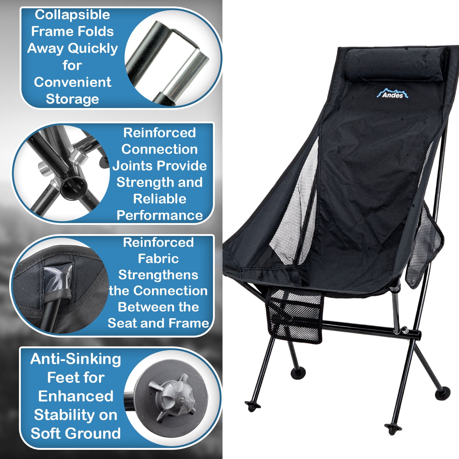 Andes Ultra Lightweight Folding High Back Camping Chairs 2 Pack | Outdoor Chairs with Drinks Holders & Carry Bags