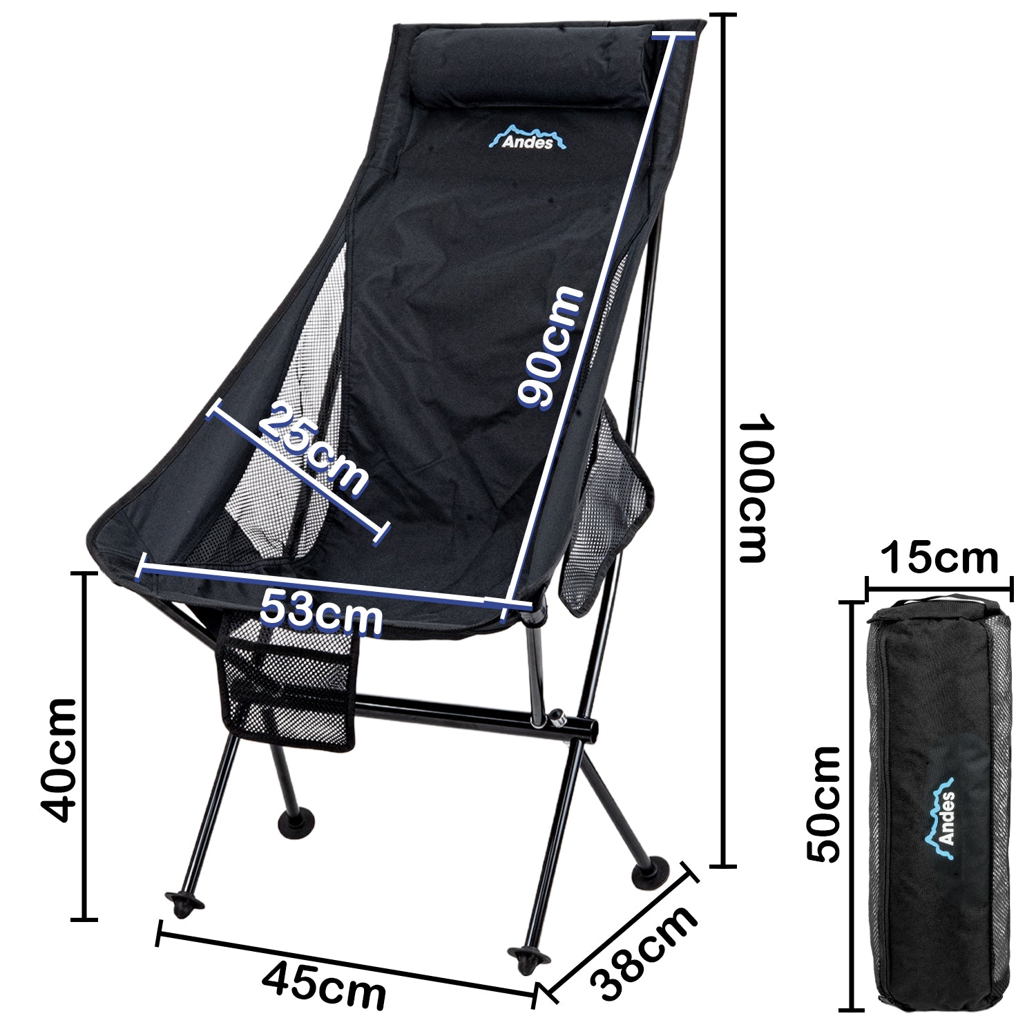 Andes Ultra Lightweight Folding High Back Camping Chair | Portable Aluminium Camping Chair with Carry Bag, Storage Pockets & Drinks Holder | Outdoor Chair for Camping, Fishing, Festivals & Hiking