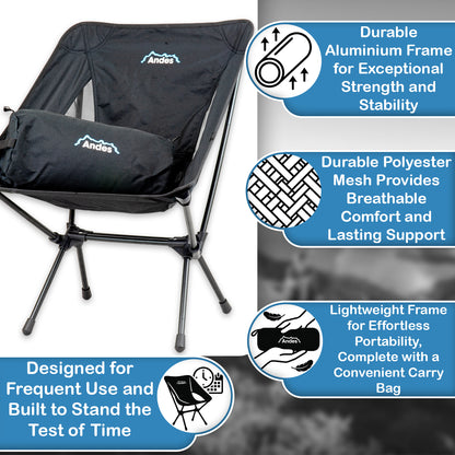 Andes Ultra Lightweight Folding Low Back Camping Chair | Compact Aluminium Outdoor Chair with Carry Bag