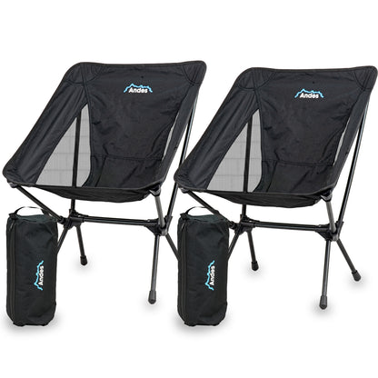 Andes Ultra Lightweight Folding Low Back Camping Chairs 2 Pack | Compact Aluminium Outdoor Chairs with Carry Bags