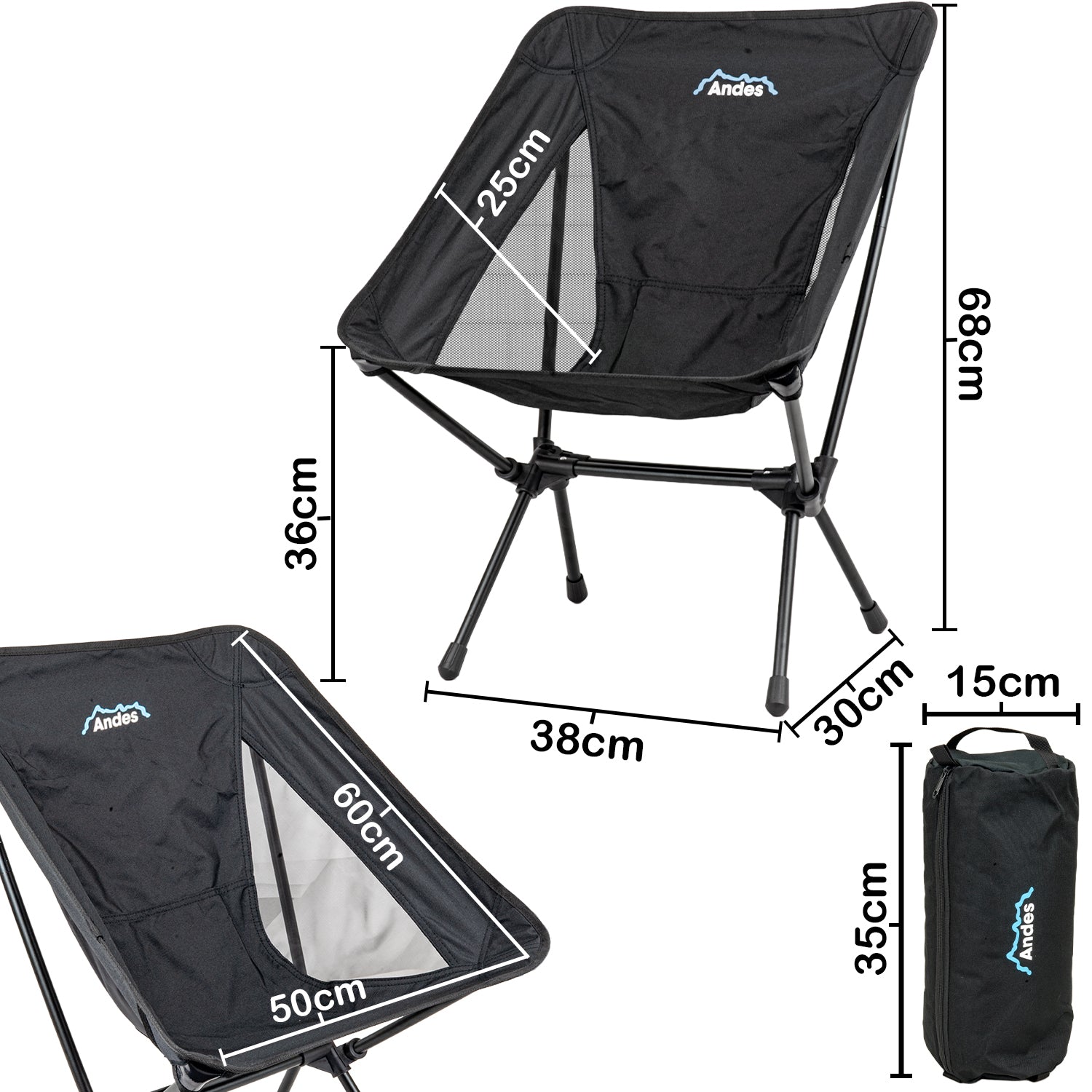 Andes Ultra Lightweight Folding Low Back Camping Chairs 2 Pack | Compact Aluminium Outdoor Chairs with Carry Bags