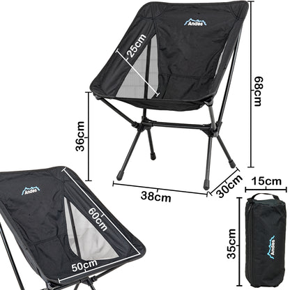 Andes Ultra Lightweight Folding Low Back Camping Chairs 2 Pack | Compact Aluminium Outdoor Chairs with Carry Bags