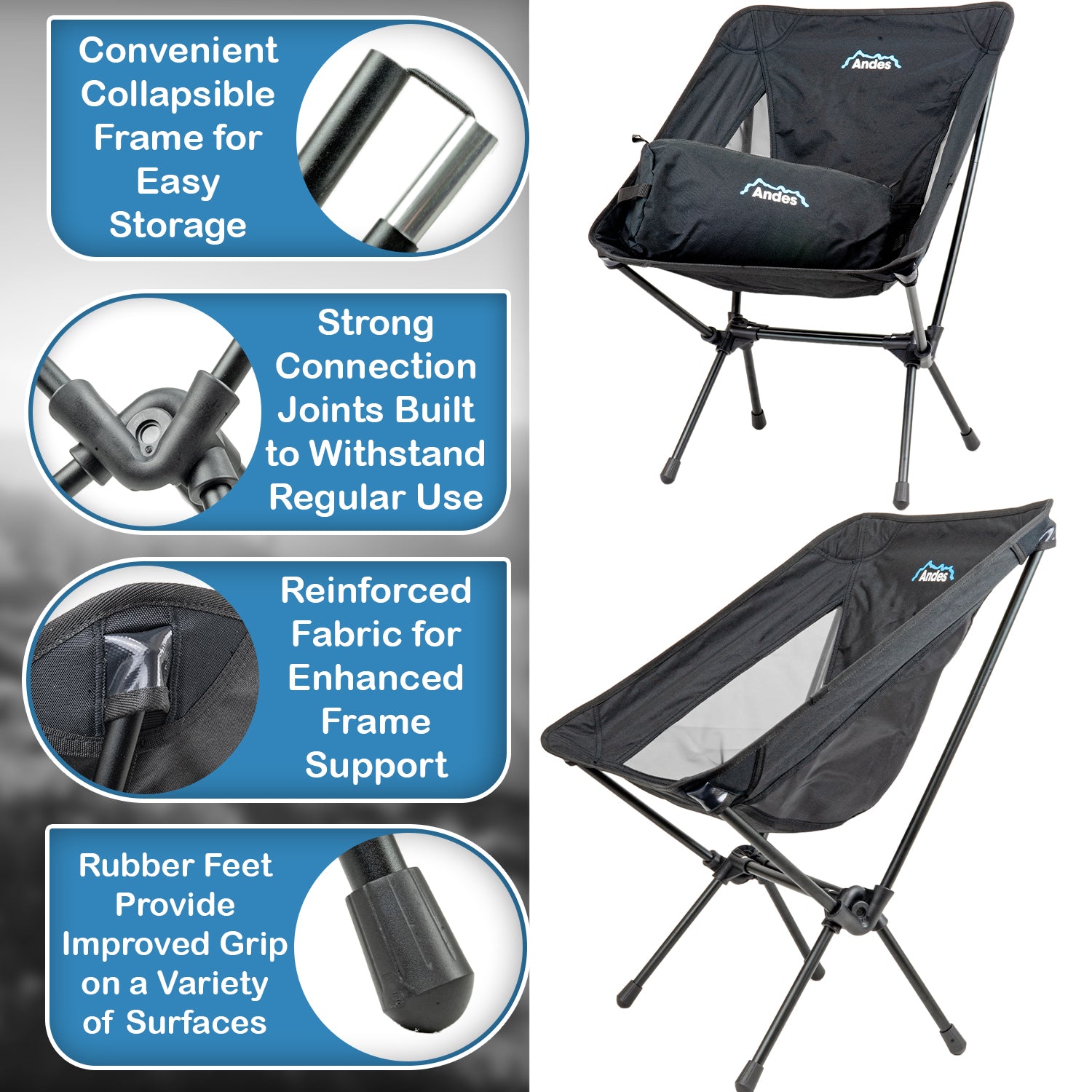 Andes Ultra Lightweight Folding Low Back Camping Chairs 2 Pack | Compact Aluminium Outdoor Chairs with Carry Bags