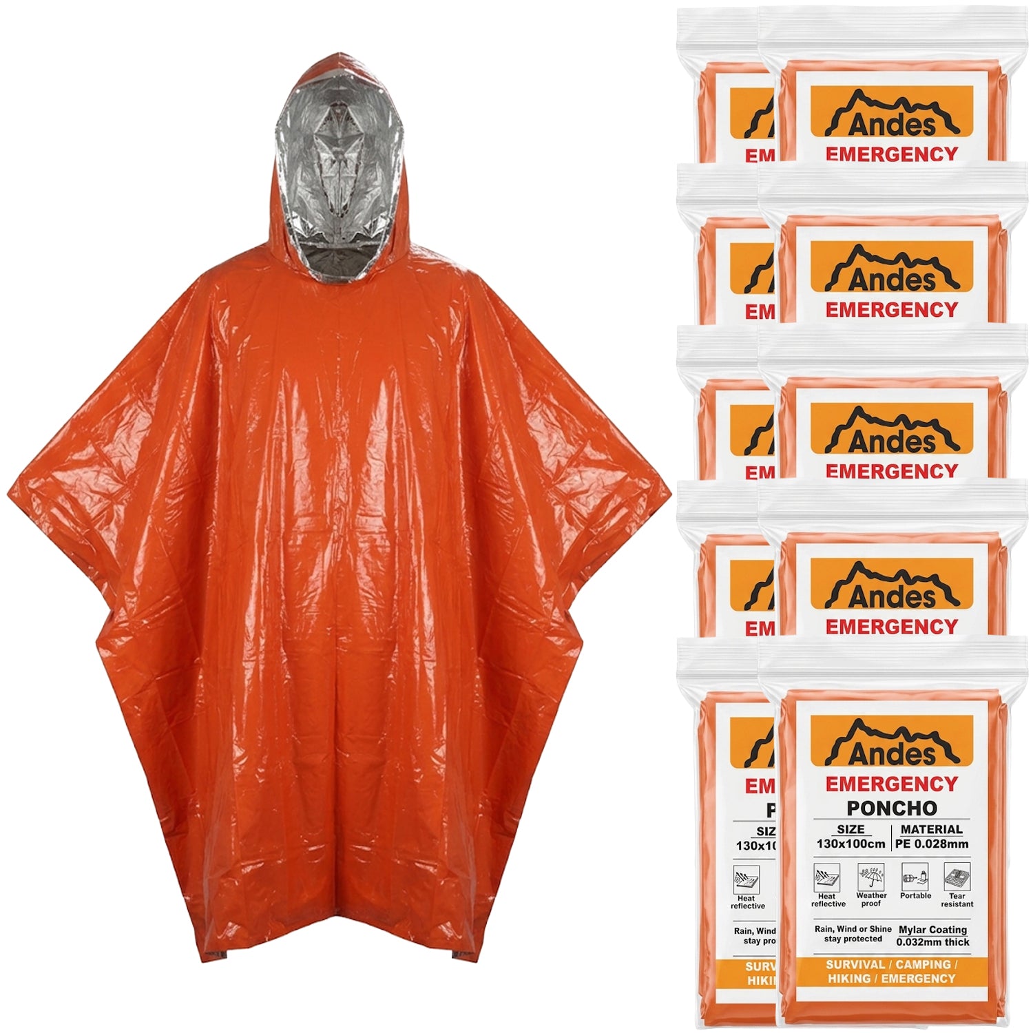 Andes Emergency Foil Survival Ponchos 10 Pack | Orange Reflective PE Cover