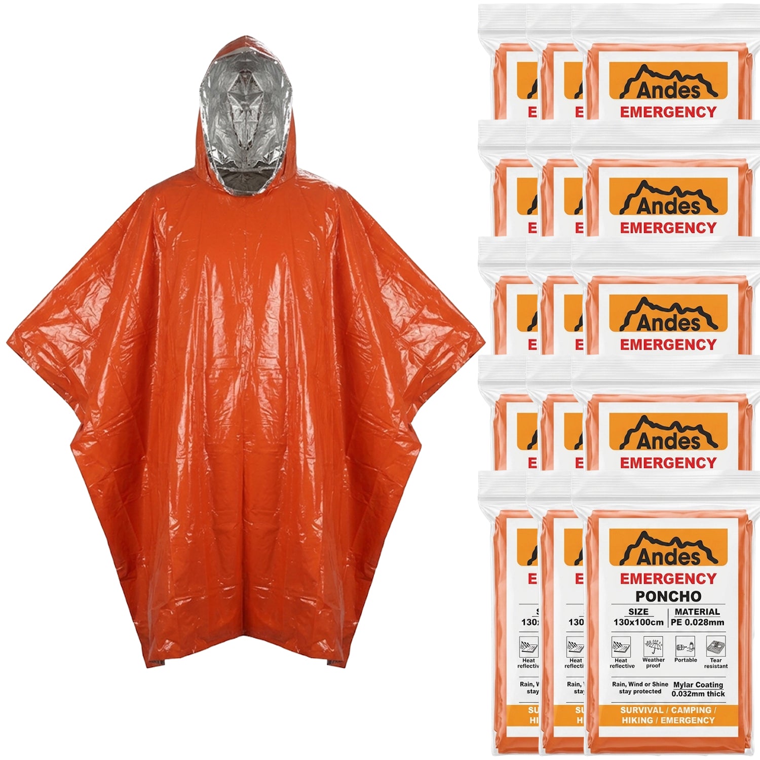 Andes Emergency Foil Survival Ponchos 15 Pack | Orange Reflective PE Cover
