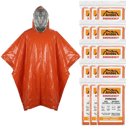 Andes Emergency Foil Survival Ponchos 15 Pack | Orange Reflective PE Cover