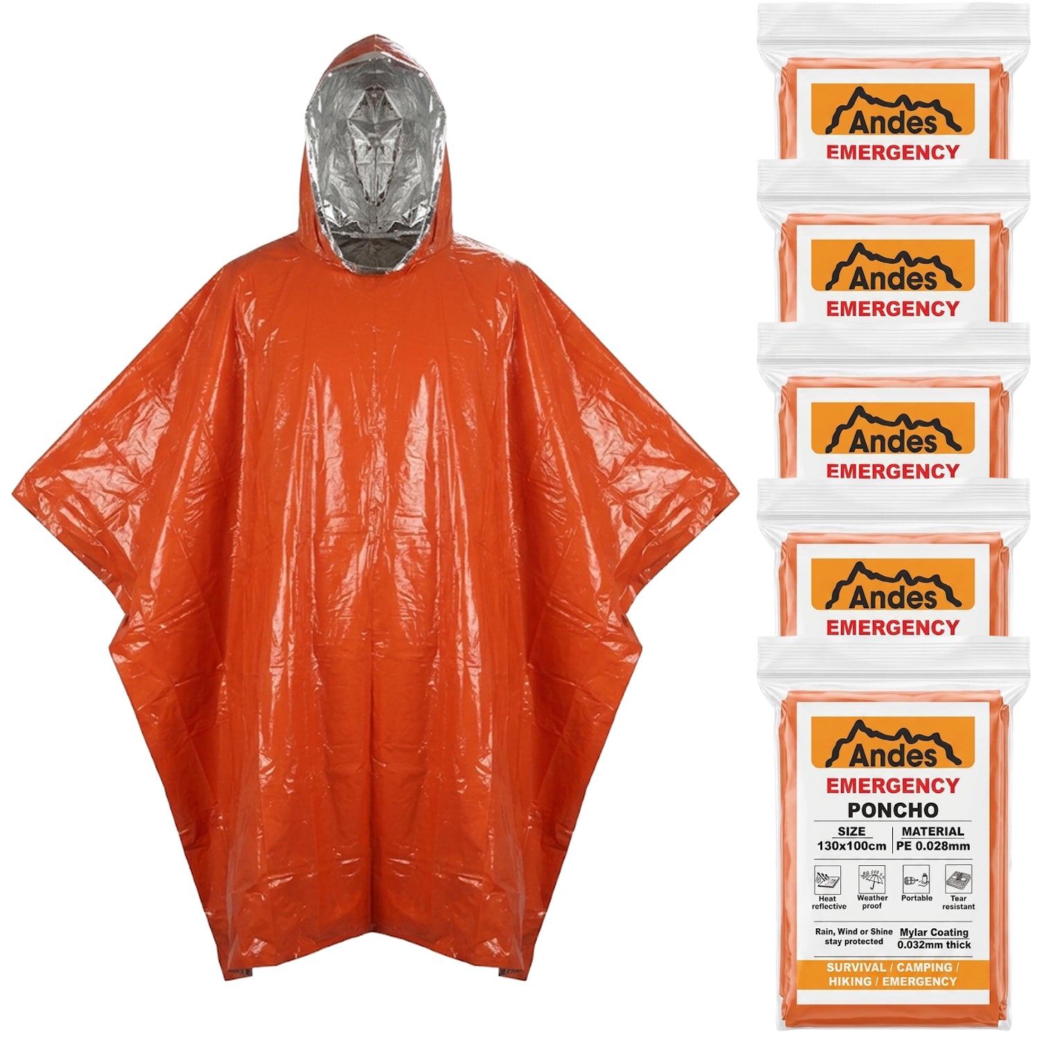 Andes Emergency Foil Survival Ponchos 5 Pack | Orange Reflective PE Cover