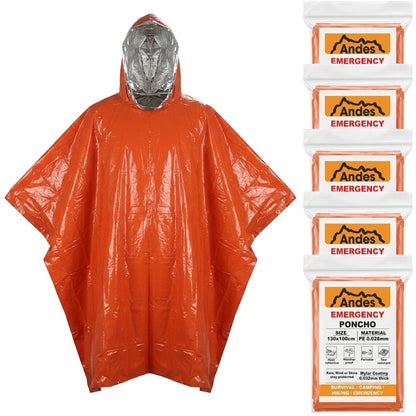 Andes Emergency Foil Survival Ponchos 5 Pack | Orange Reflective PE Cover