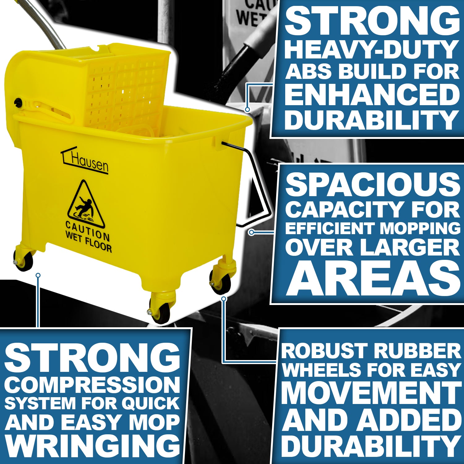 Hausen Kentucky Floor Mop Bucket with Wheels | Removable Mop Wringer