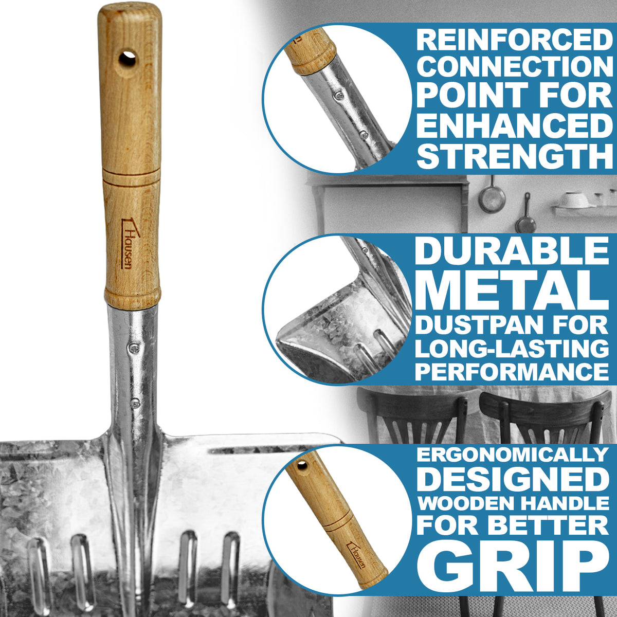 Hausen Metal Dustpan and Brush Set | Wooden Handles & Durable Bristles