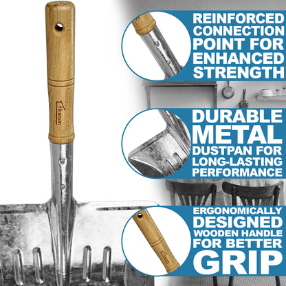 Hausen Metal Dustpan and Brush Set | Wooden Handles & Durable Bristles