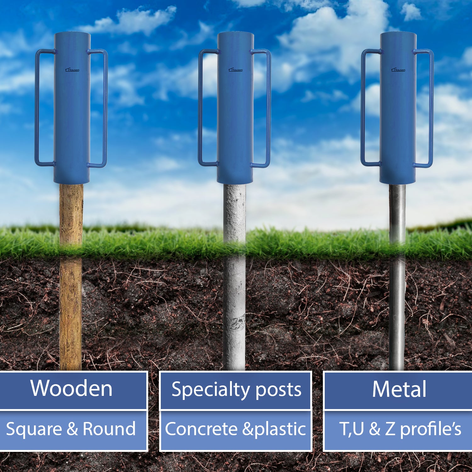 Hausen Heavy Duty Garden Fence Post Driver Wacker 17cm Farm Fencing Hole Rammer